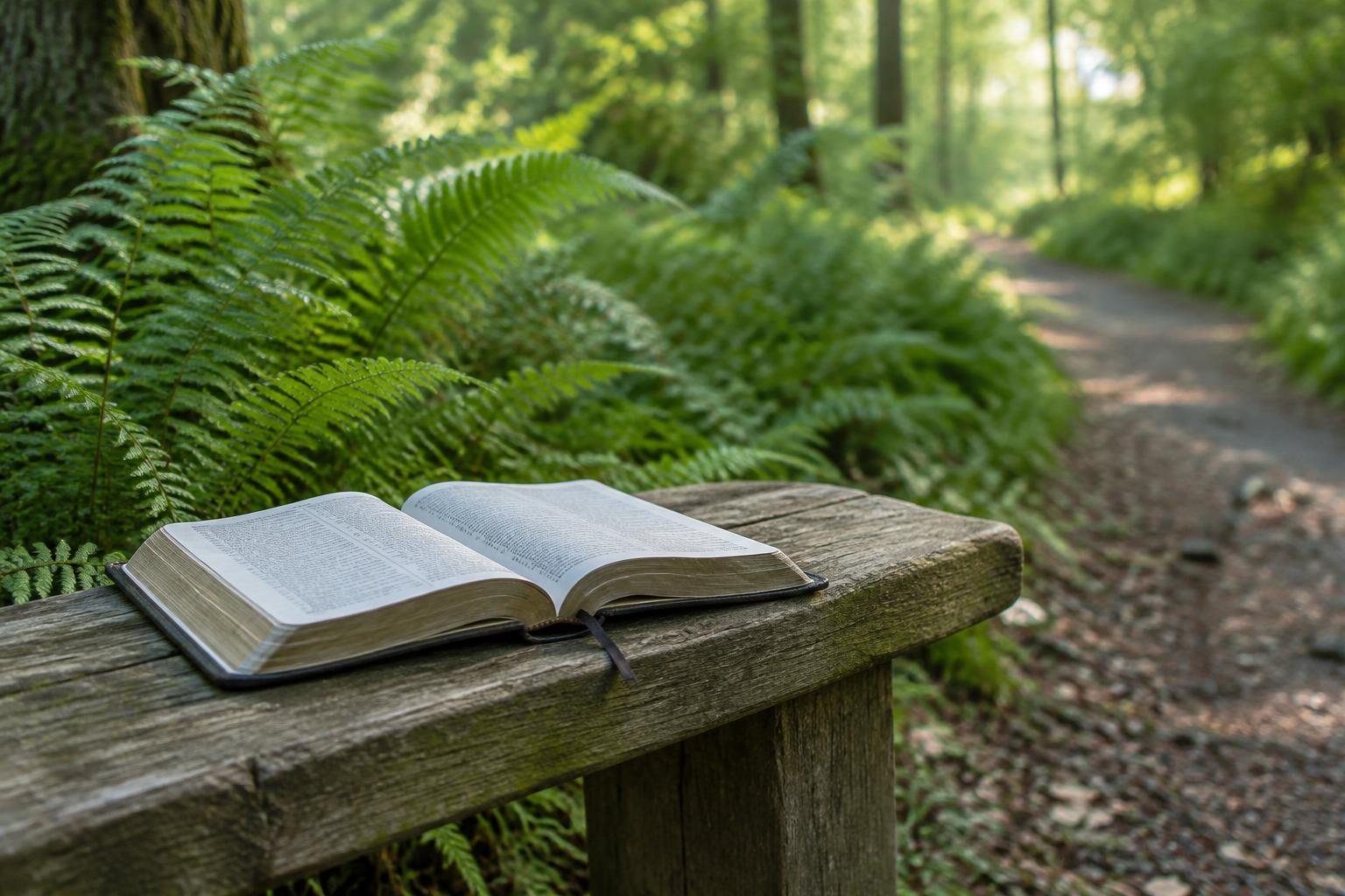 An open Bible resting beside a peaceful forest path